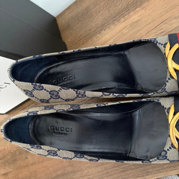 GUCCI Interlocking GG Monogram Web Canvas Heels 37.5 Box Authenticated COA 7.5 - Picture 9 of 14